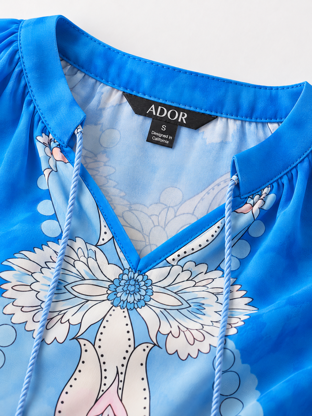 ADOR brand label detail on Vacation-Style Placement Print Pullover Chiffon Top