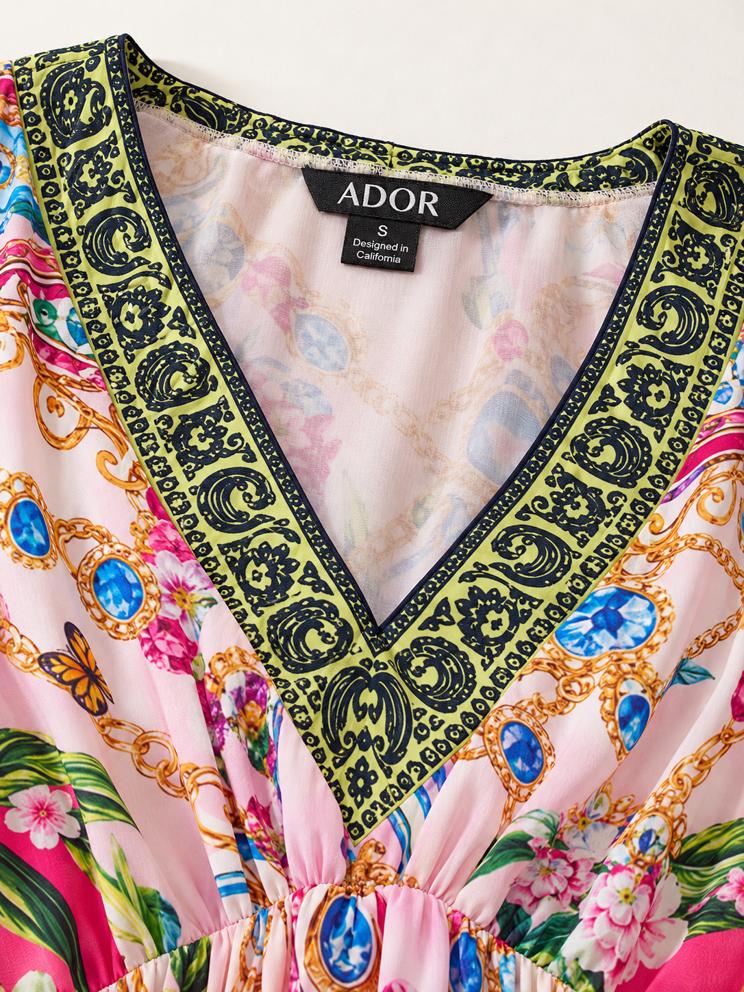 ADOR brand label detail on Pink Jungle Party Flowy Chiffon Diamond Kaftan
