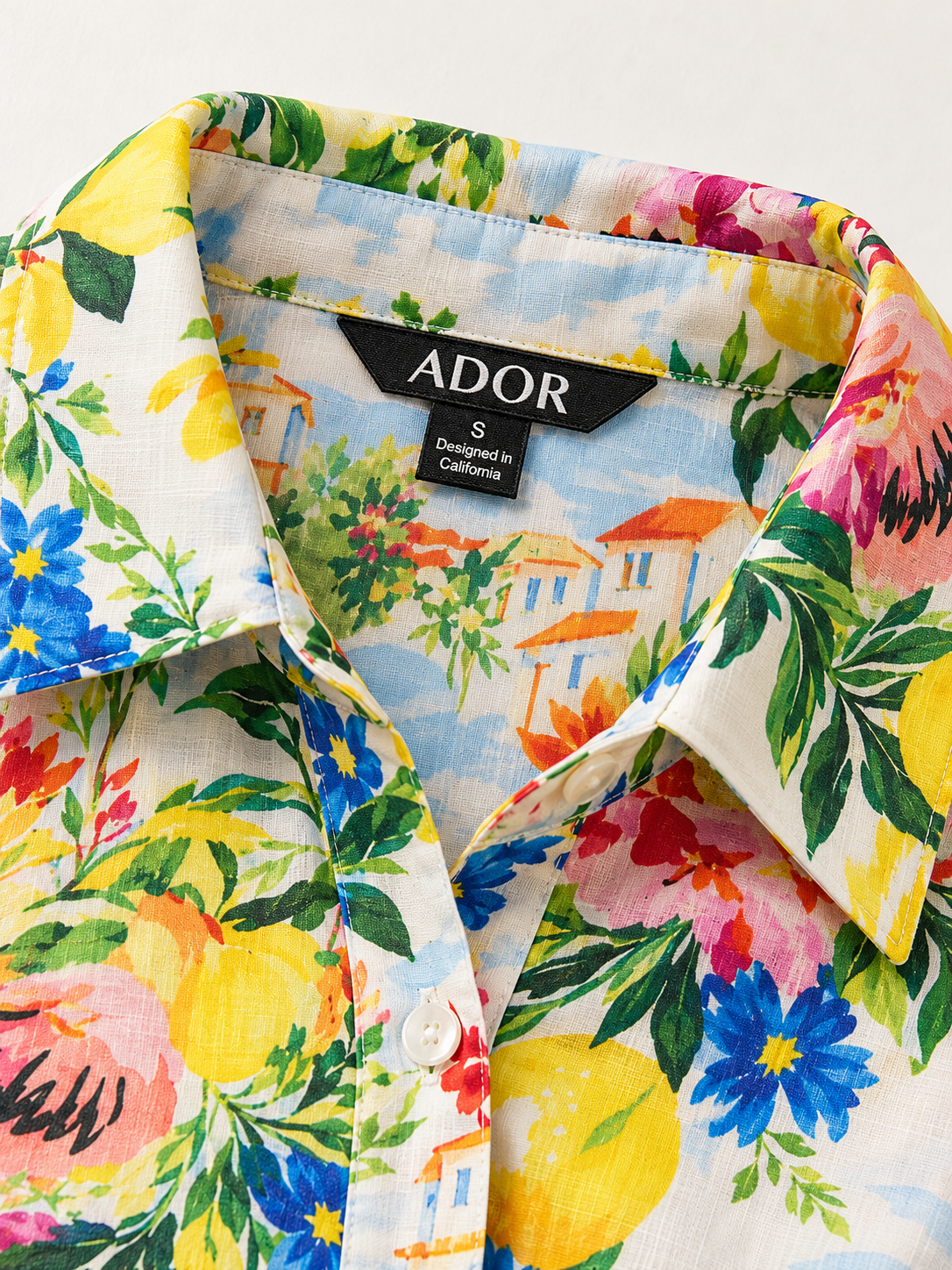 ADOR brand label detail on Holiday Citrus Garden Linen-Style Shirt Dress