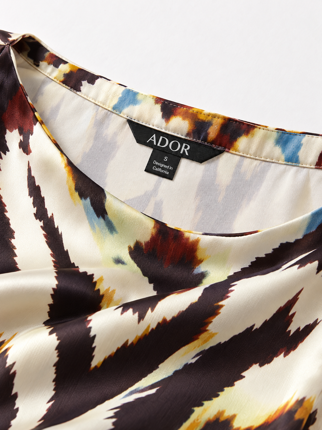 ADOR brand label detail on Gradient Tiger Silky Satin Vacation Satin Dress