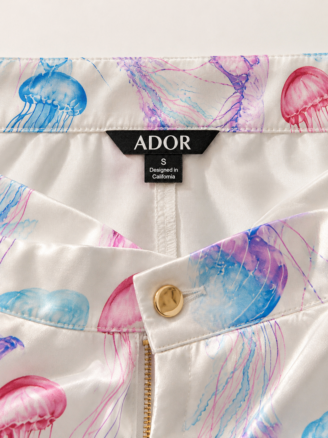 ADOR brand label detail on Ethereal Jellyfish Drift Silky Satin Pants