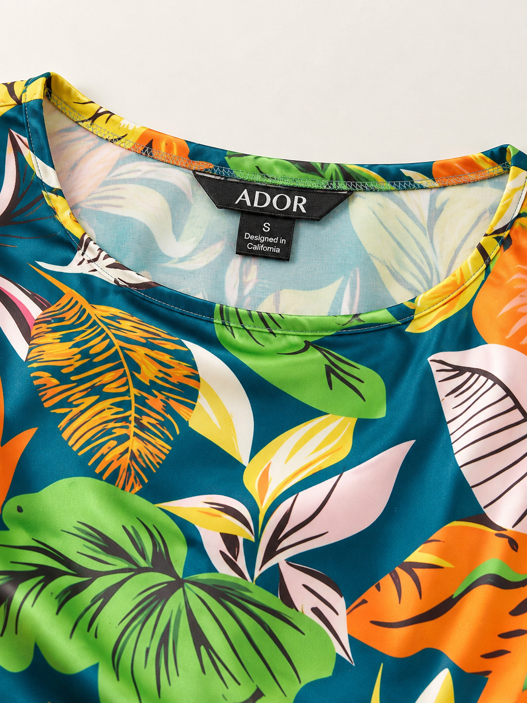 ADOR brand label detail on Wild Hibiscus Dream Silky Satin Dolman Sleeve Batwing Top
