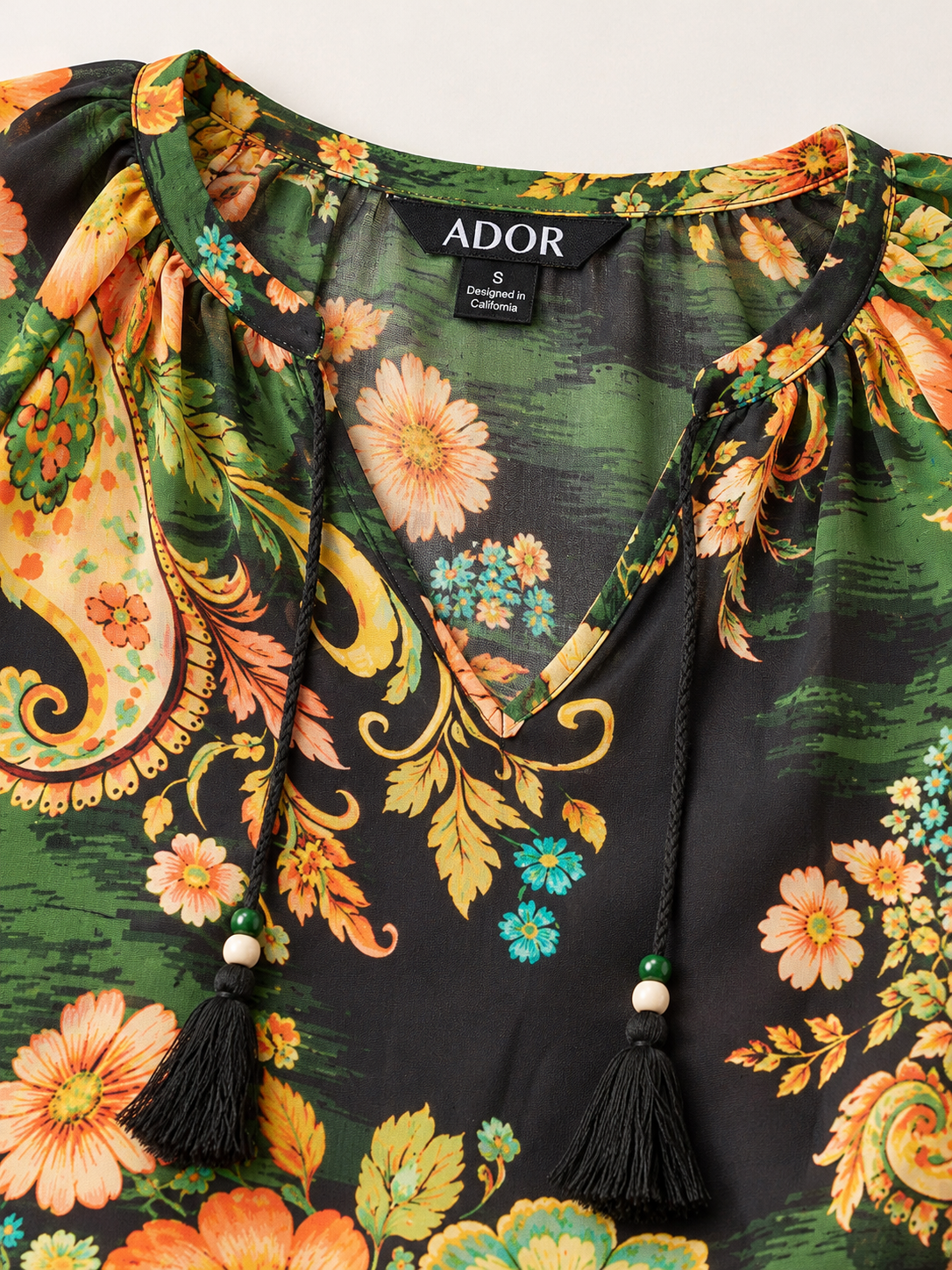 ADOR brand label detail on Paisley Bloom Flowy Chiffon Raglan Sleeve Blouse