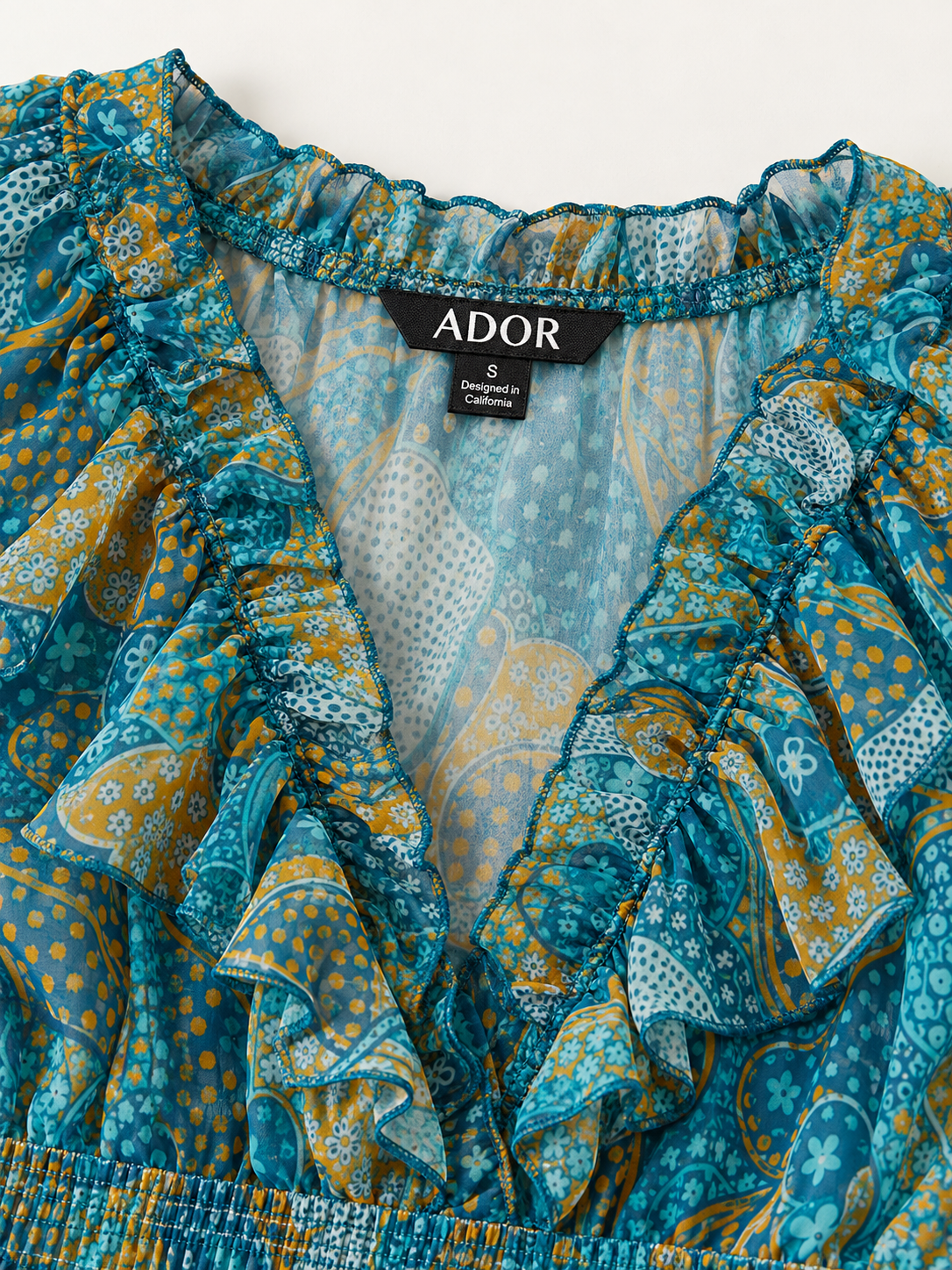 ADOR brand label detail on Floral Chiffon Tropical Flowers Puff Sleeve Maxi Dress