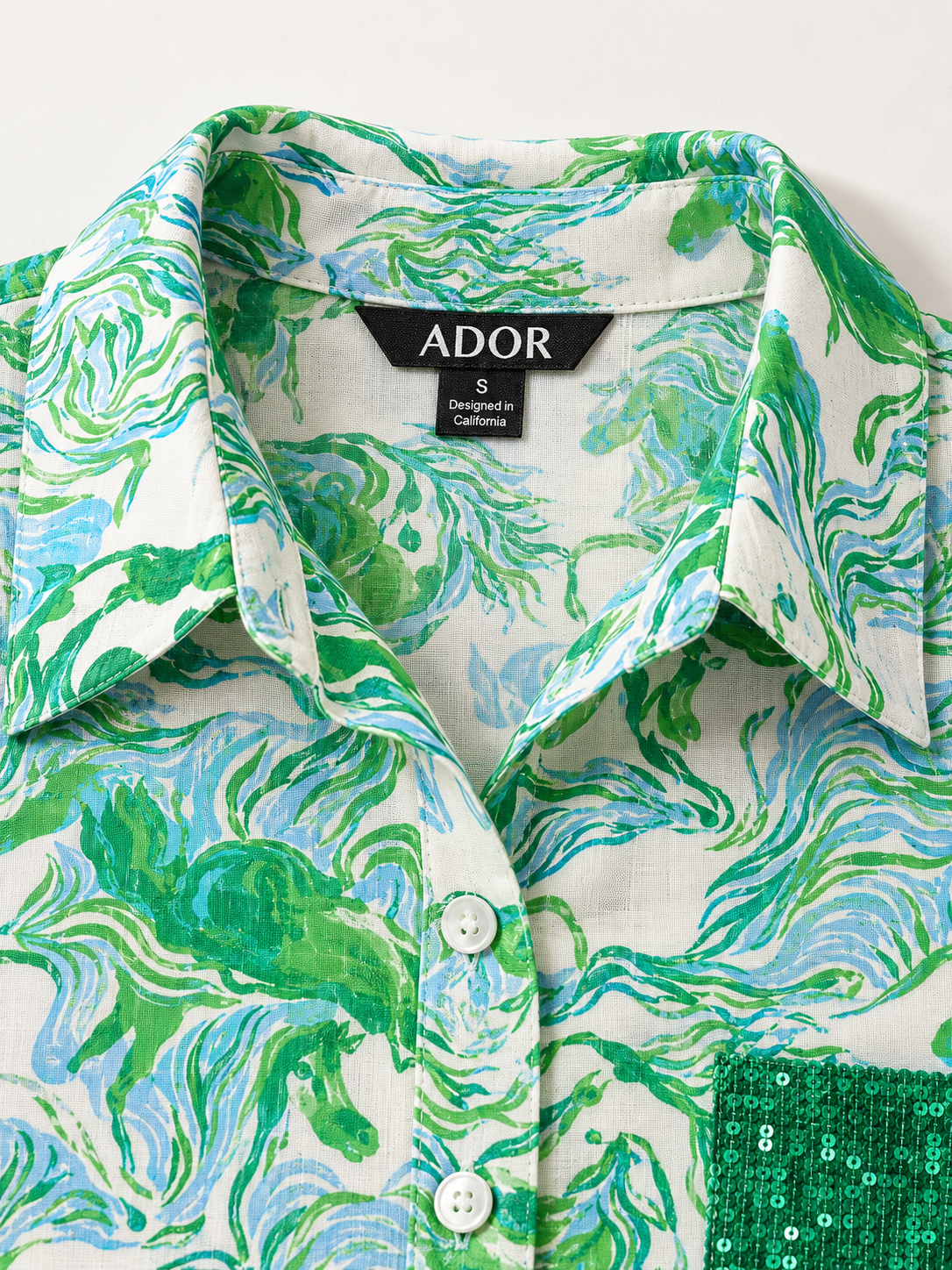 ADOR brand label detail on Graphic Art Mustang Linen Style Shirt Dress