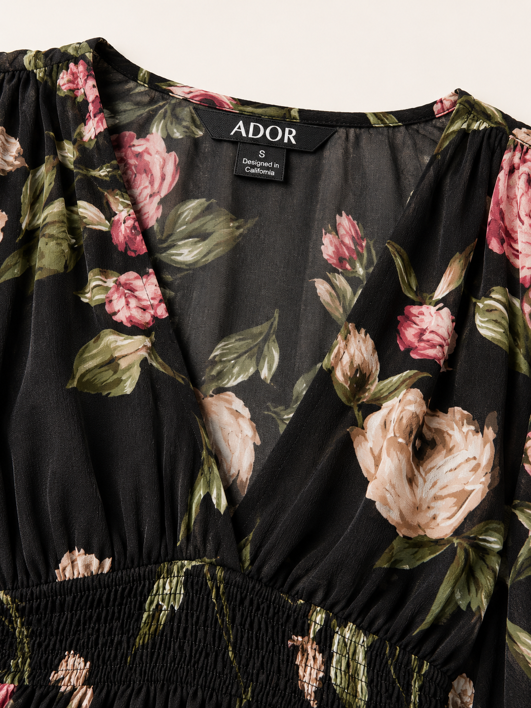 ADOR brand label detail on Floral Print Flowy Chiffon Maxi Dress