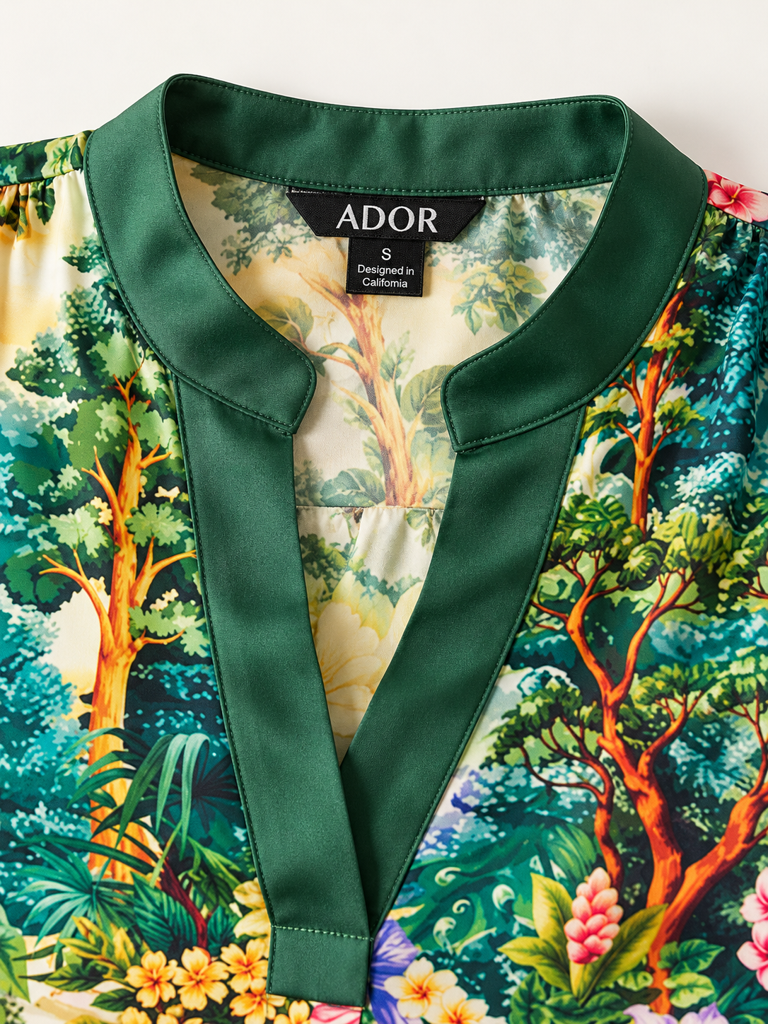 ADOR brand label detail on Emerald Garden Silky Satin Blouse