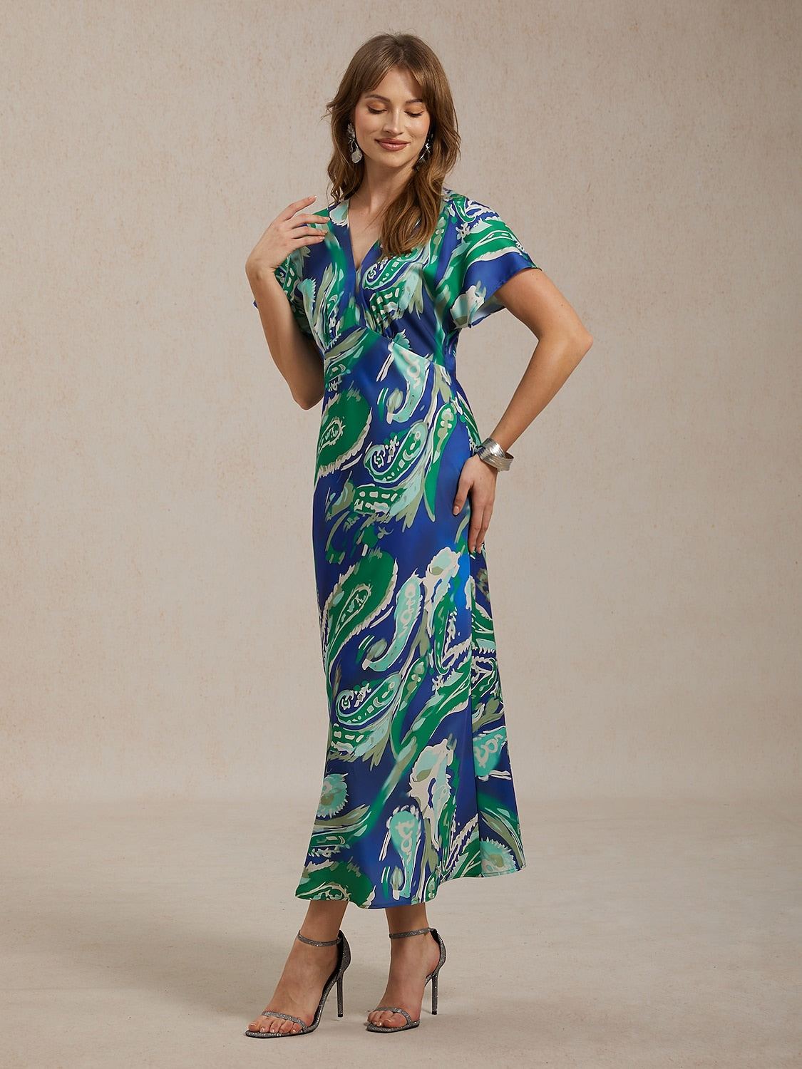 Vacation Satin Green Paisley Print Maxi Dress