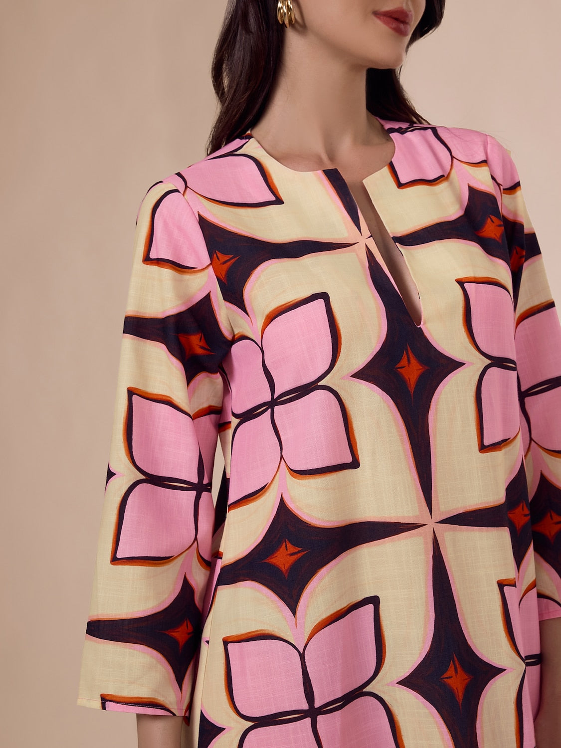 Geometric Print Notched Collar Maxi Dress