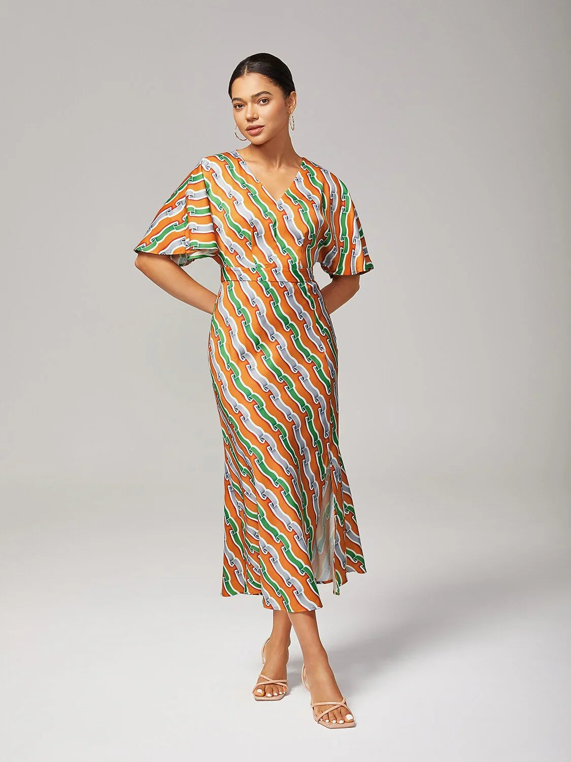 V-Neck Side Slit Ripple Print Dress