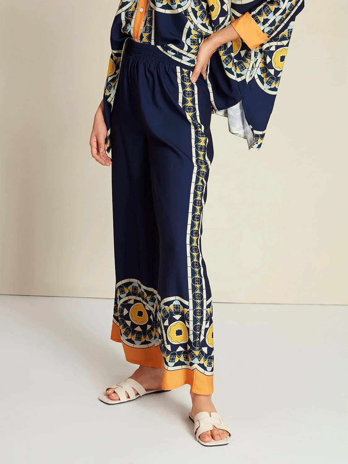 Satin Geometric Print Wide Leg Maxi Pants