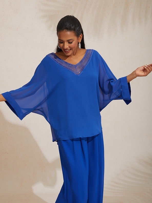 Flowy Chiffon Casual Magyar Sleeve Deep V Blouse