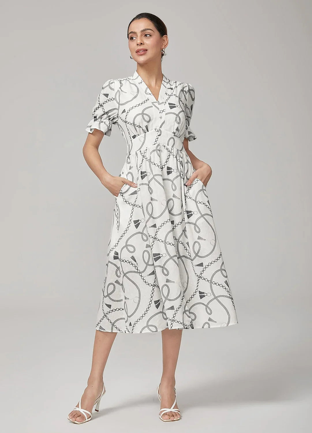 Chain Print Smocked Back Corset Midi Dress