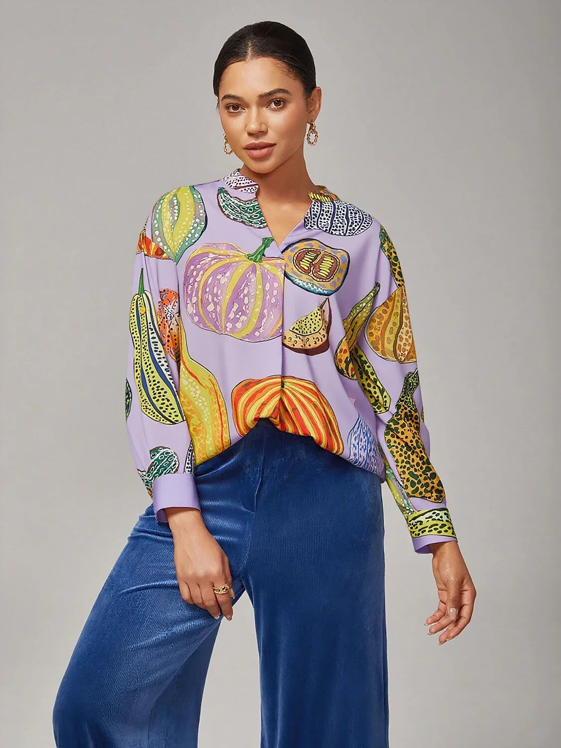 Pumpkin Print Stand Collar Pleated Shirt
