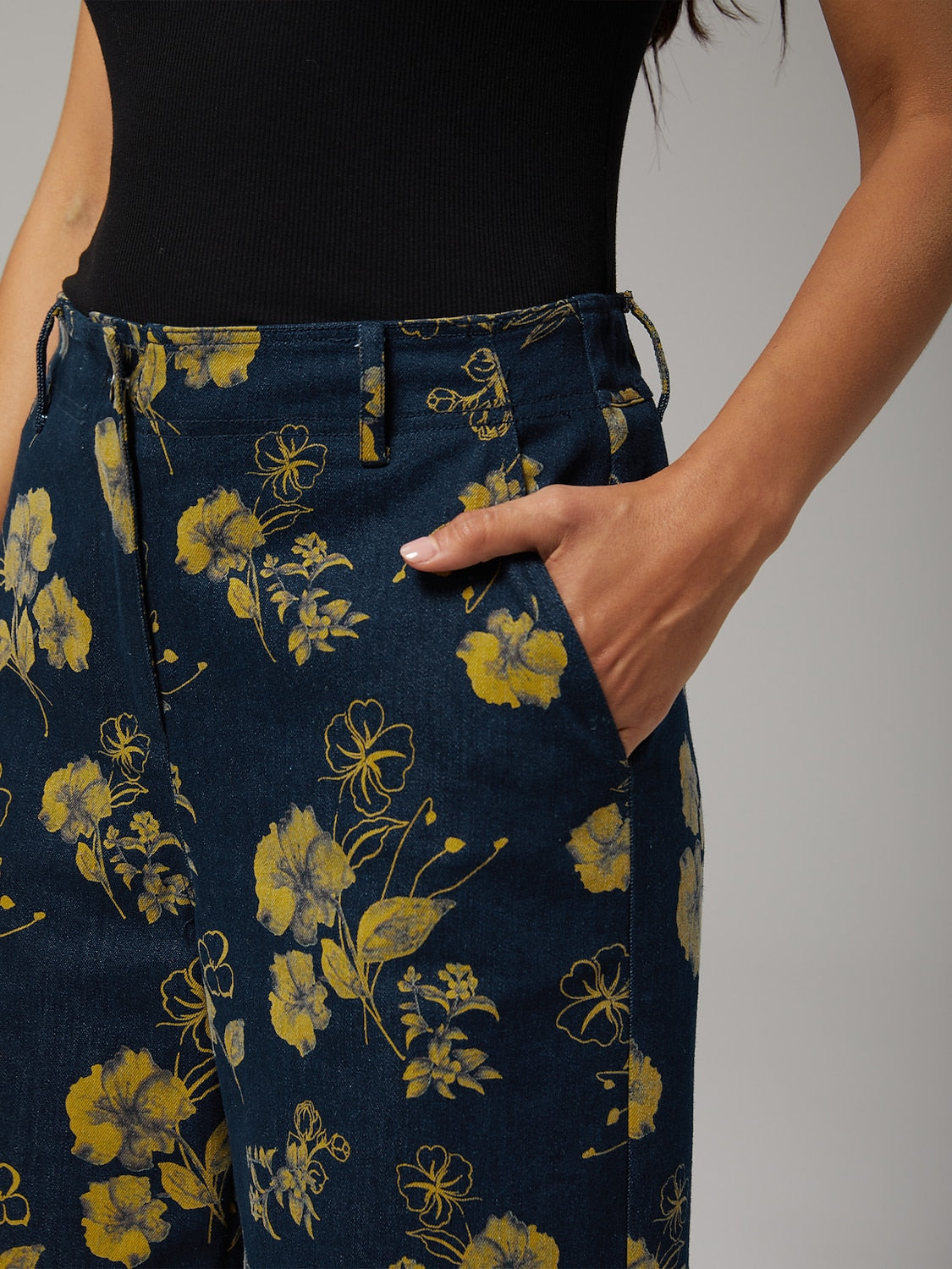 Denim Yellow Floral Print Straight Leg Pants