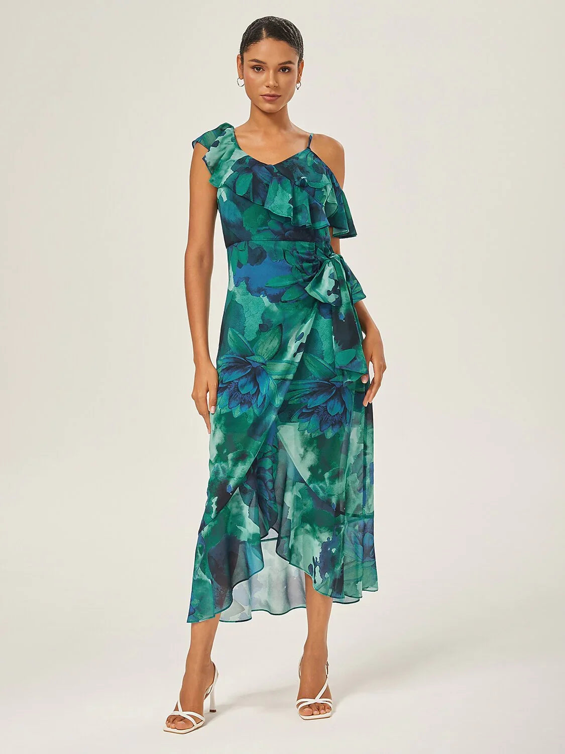 Chiffon Floral Print Ruffled Tie-Front Midi Dress