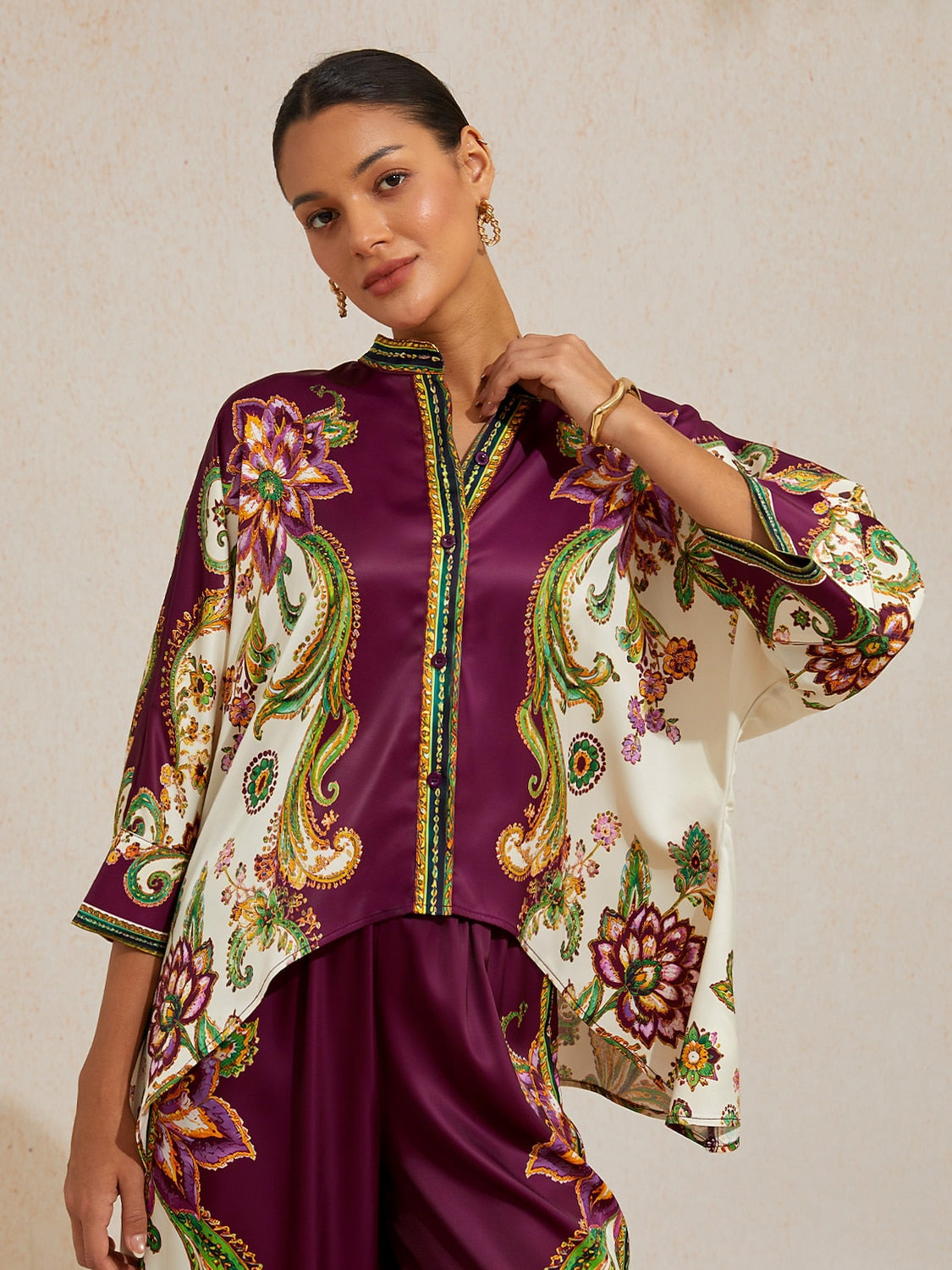 Burgundy Paisley Silky Satin Batwing Top