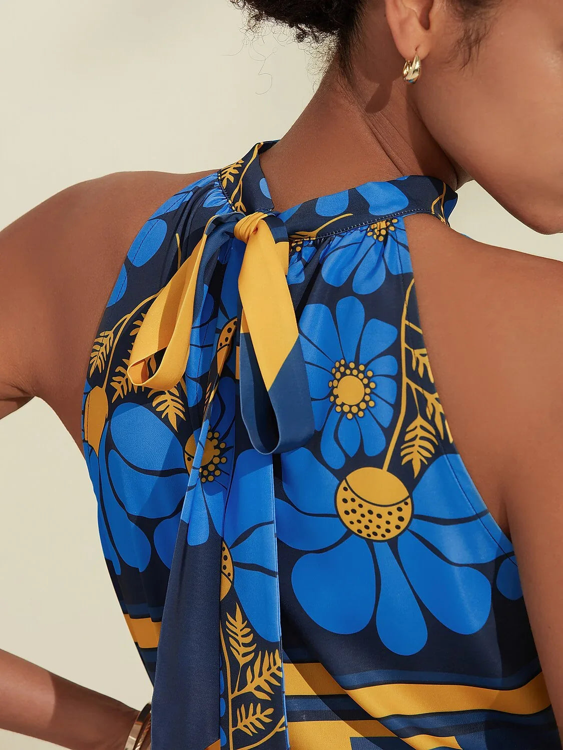 Geometic Flower Plants Ruched Tie Back Satin Blouse