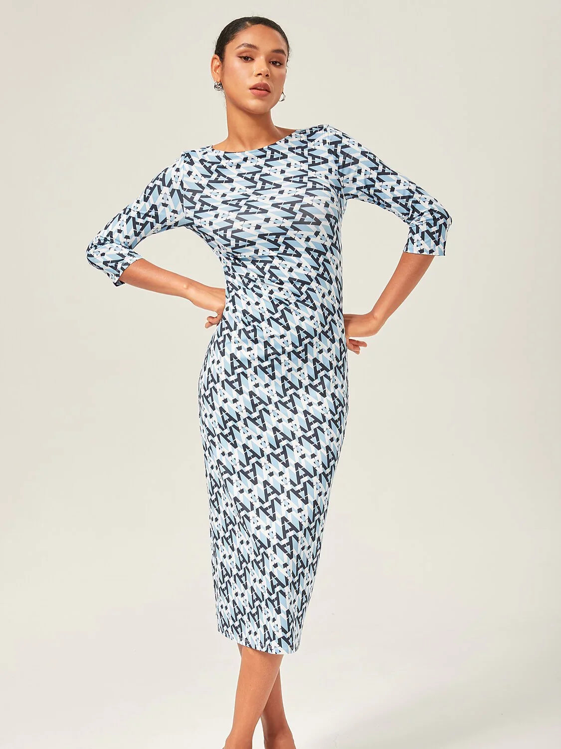 Casual Blue Geometric Print Midi Dress