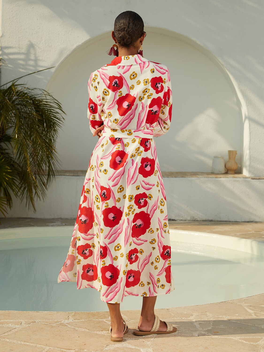 Vestido largo de camisa con vuelta y bolsillo curvo de albaricoque con lentejuelas