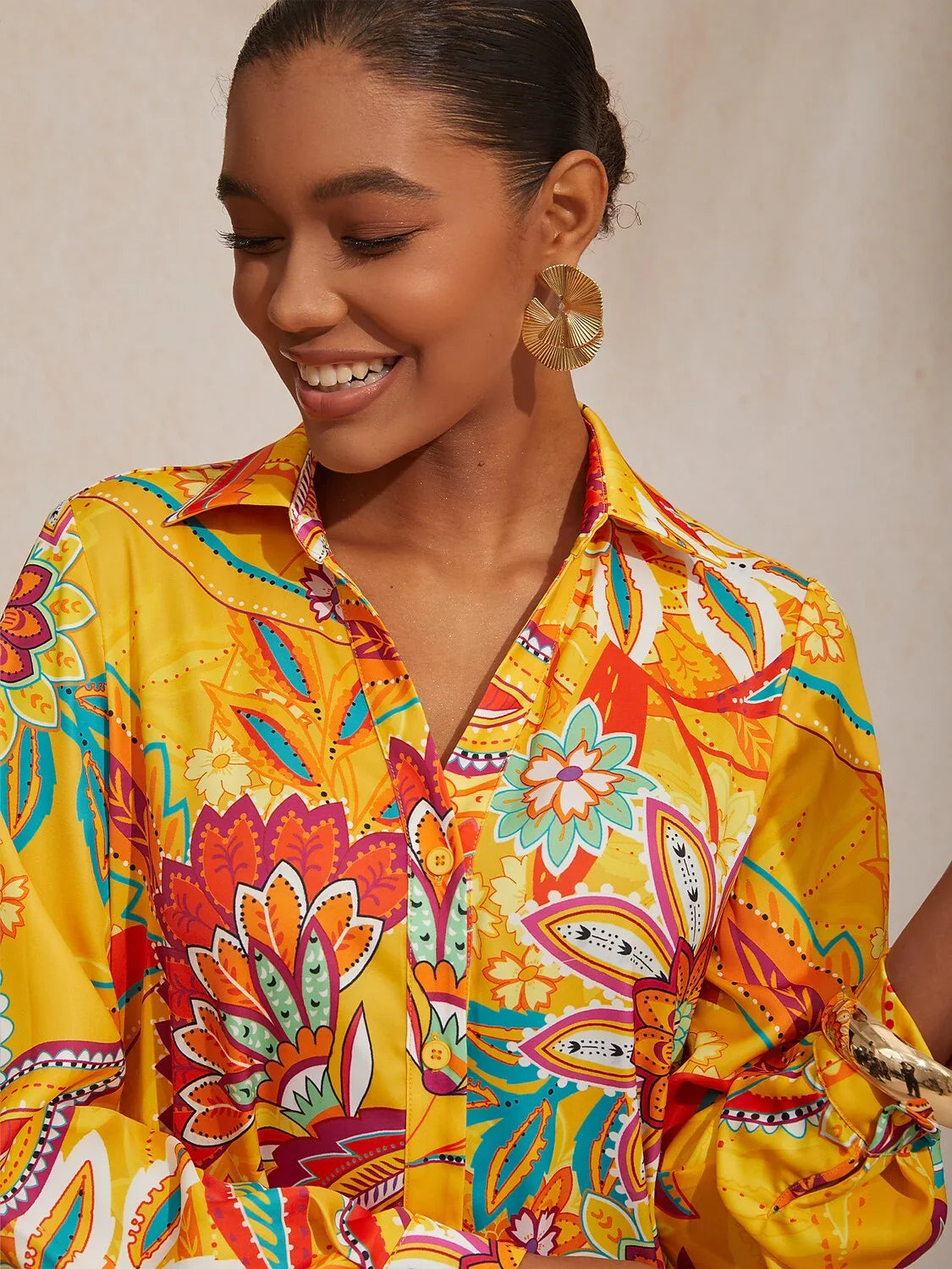 Boho Paisley Silky Satin Shirt Dress