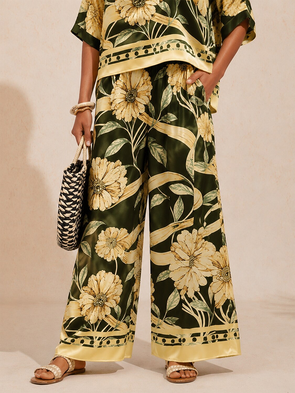 Cream Yellow Petal Silky Satin Wide Leg Pants