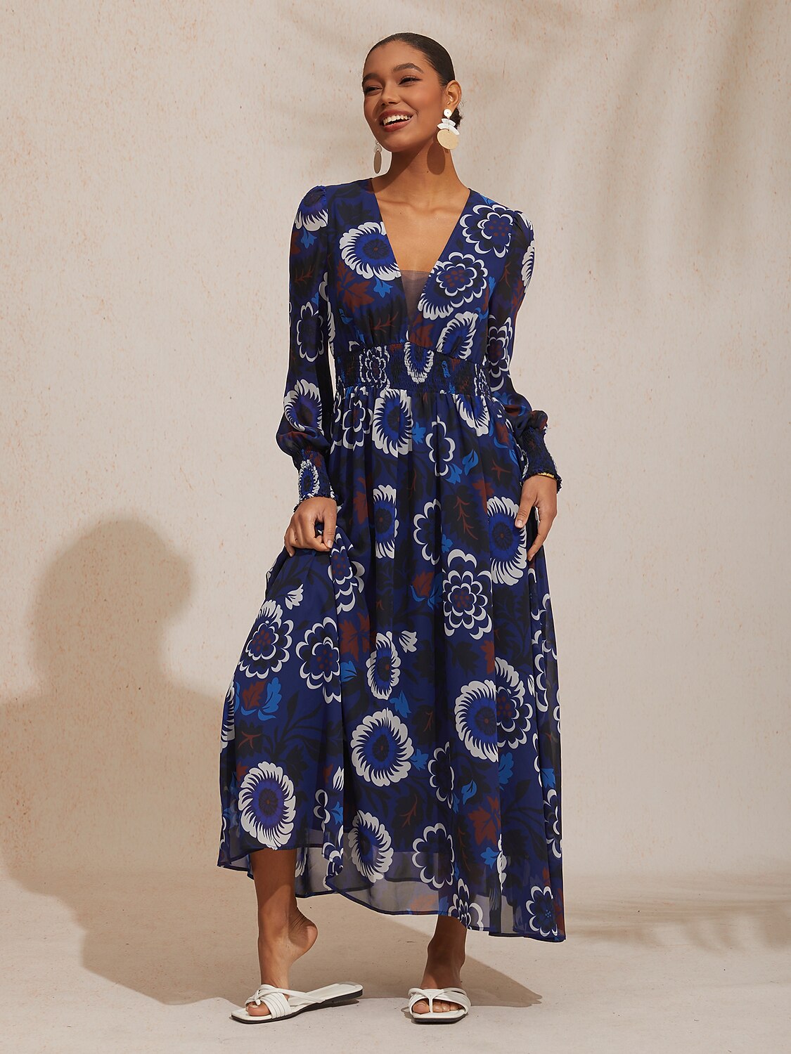 Chiffon Floral Composite Print Elegant Maxi Dress Banquet Vacation, Navy Blue / M Chiffon Floral Composite Print Elegant Maxi Dress Banquet Vacation, Navy Blue / M