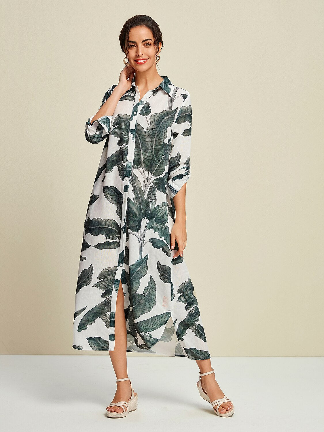 Tropical Leaves Print Maxi Dress