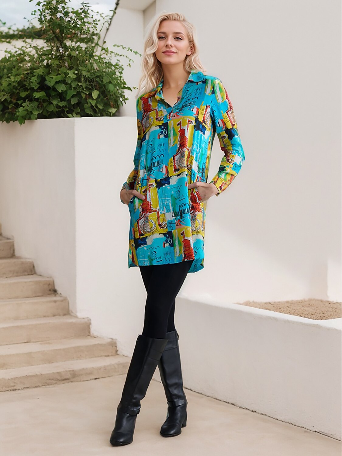 Rayon Graffiti Cuff Lapel Shirt Mini Dress