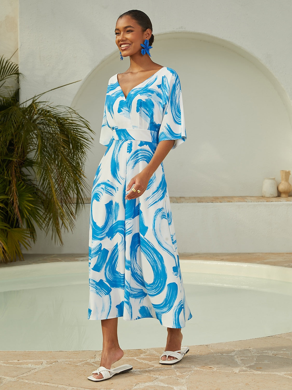 Satin Blue Brushstroke Print Maxi Dress Casual Vacation Travel