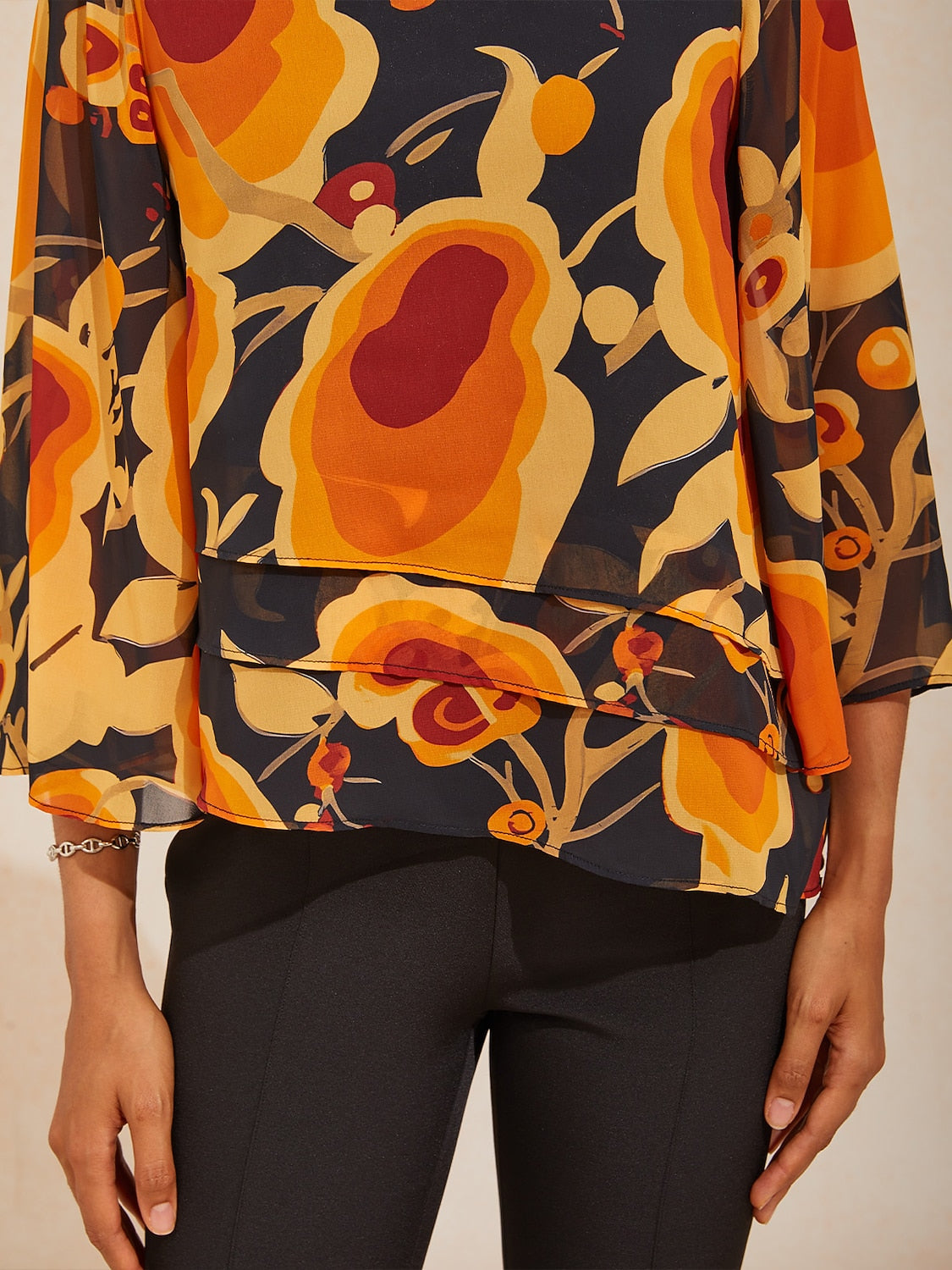 Golden Petal Glow Layered Chiffon Blouse