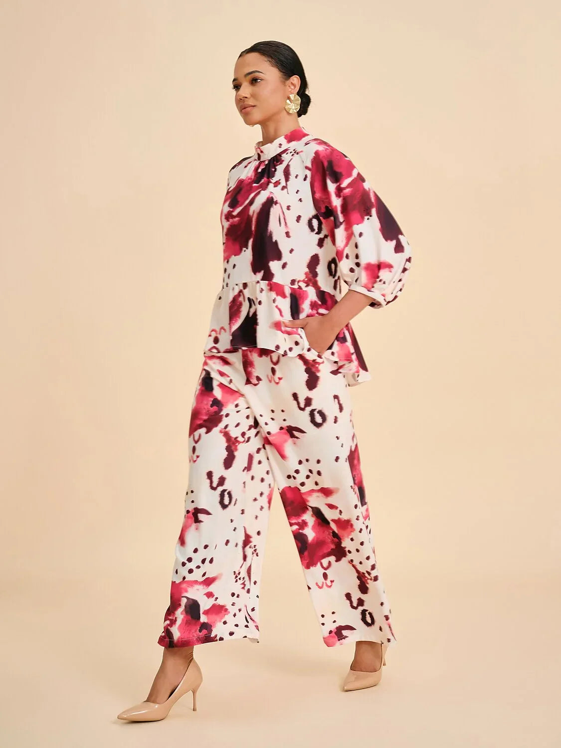 Burgundy Abstract Print Elastic Gathered Wide-Leg Pants