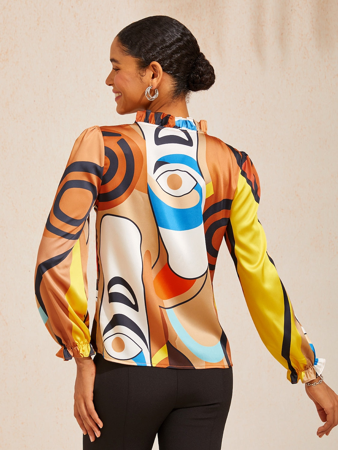 Abstract Art Silky Satin Ruffle Trim Blouse