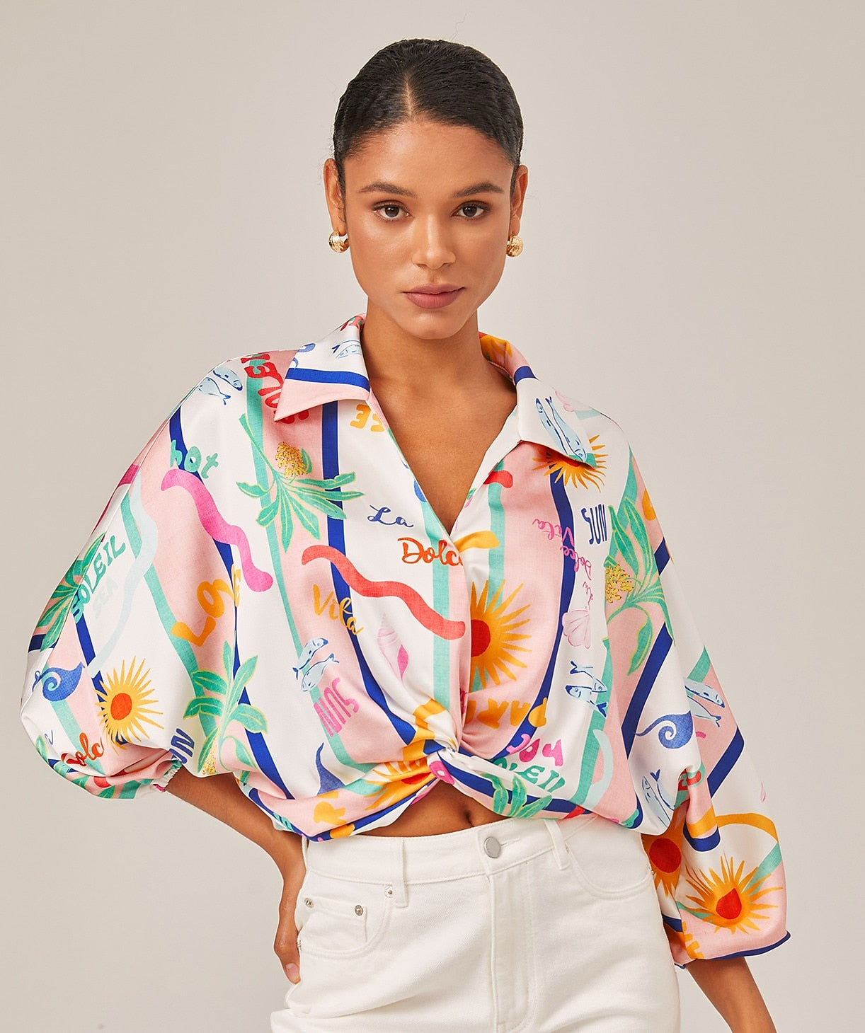 Tropical Print Twist Front Shirt