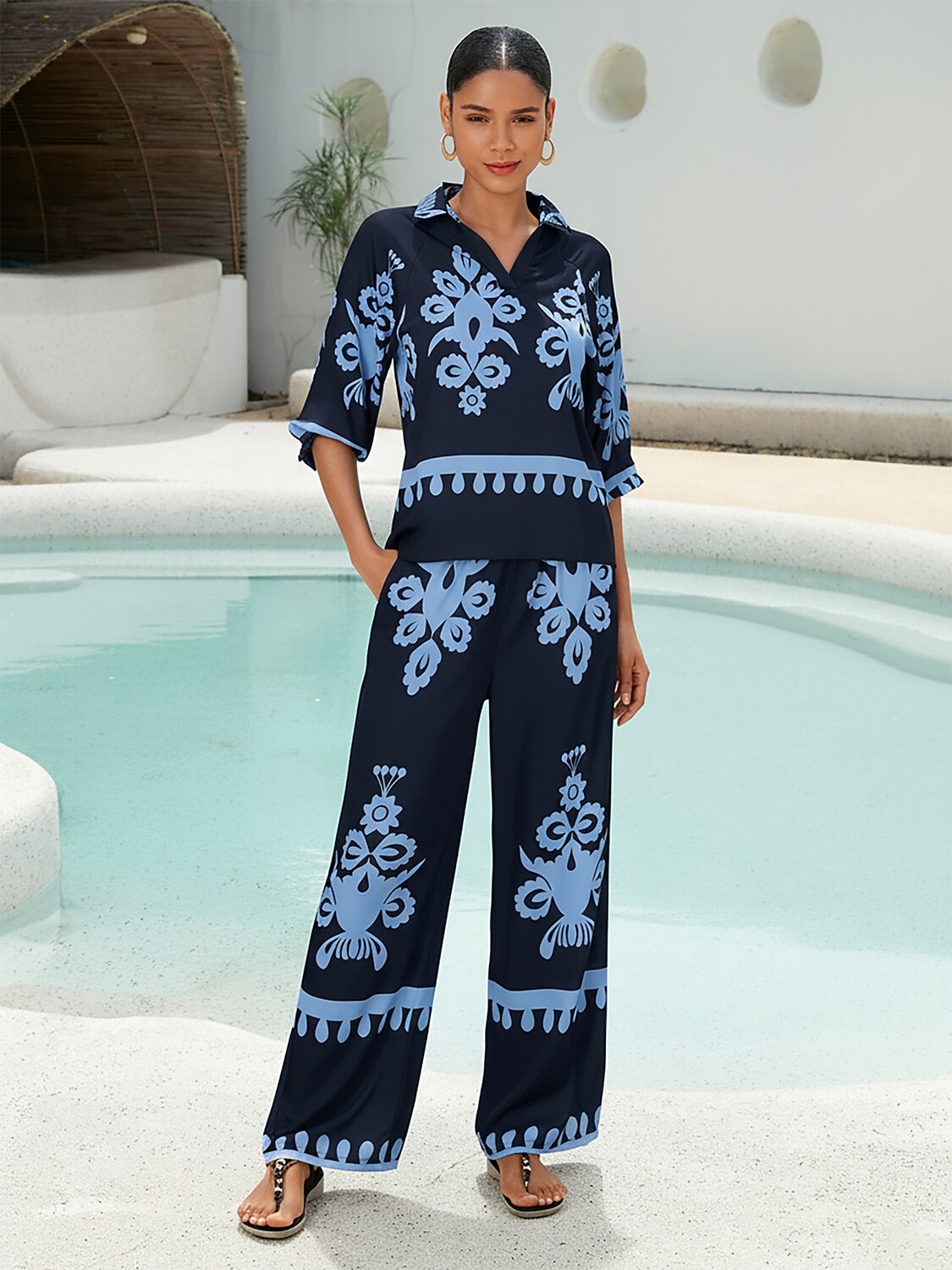 Ethnic Geometric Print Silky Satin Wide Leg Pants