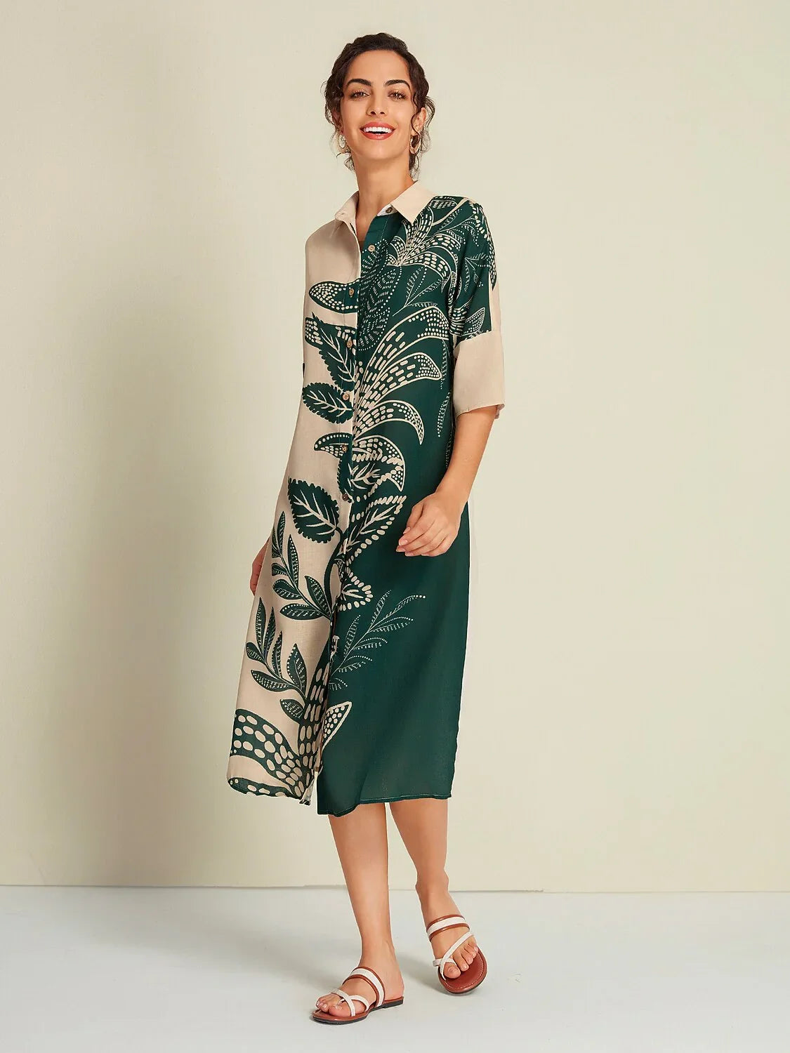 Leaf Print Half Sleeve Midi Shirt Dress