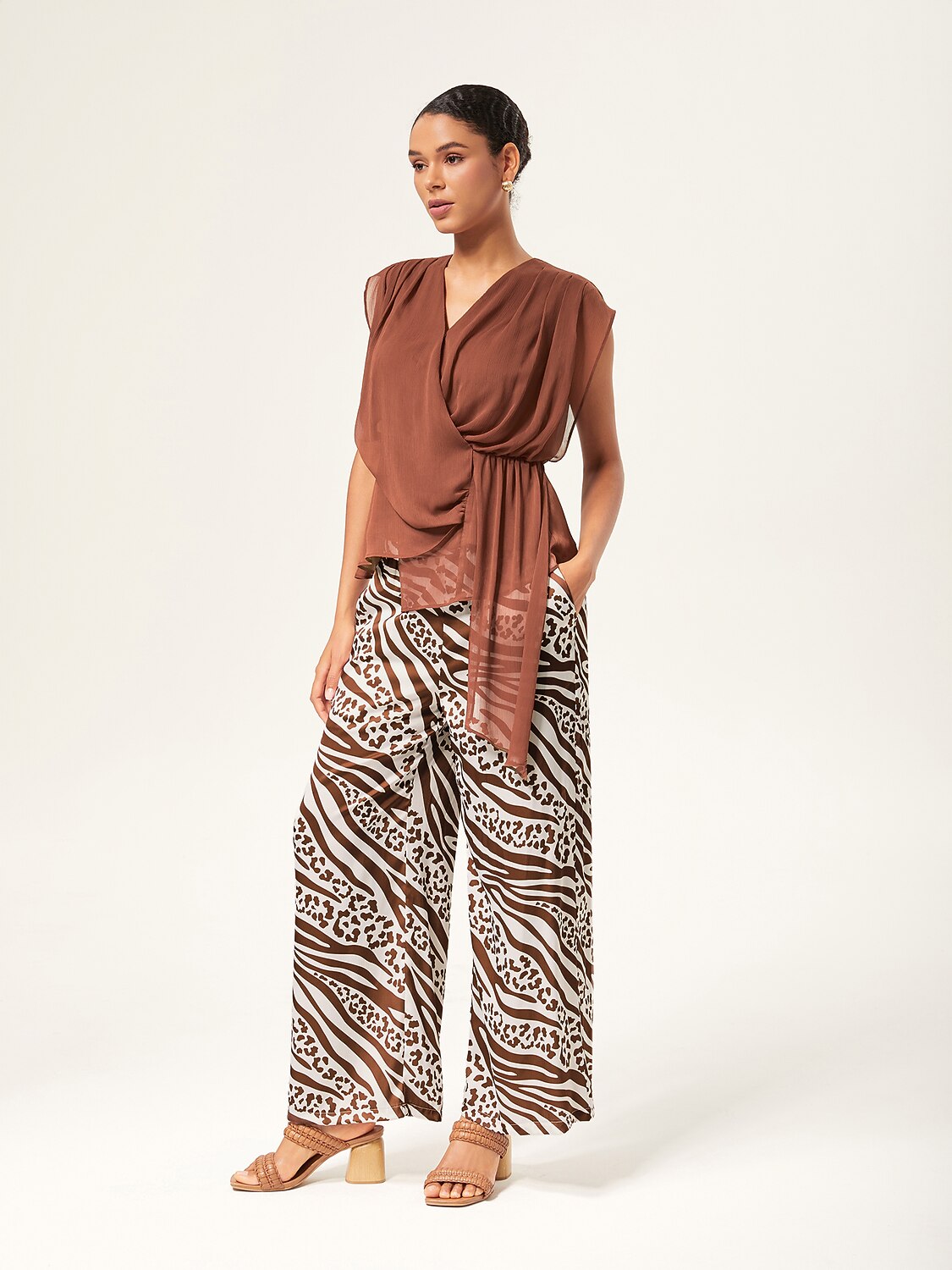 Elastic Waist Animal Print Wide-Leg Pants