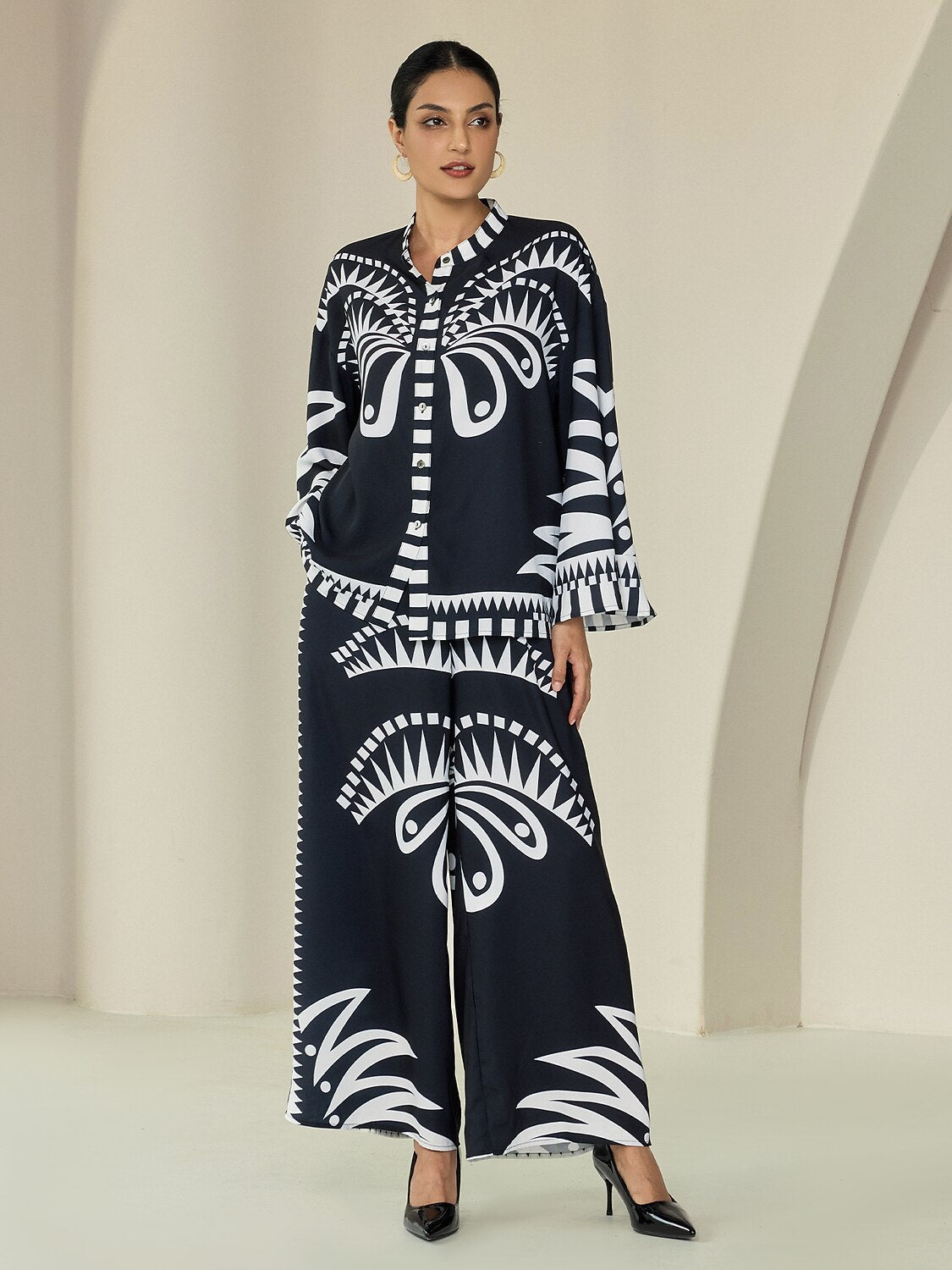Black Satin Full Length Printing Wide Leg Pants