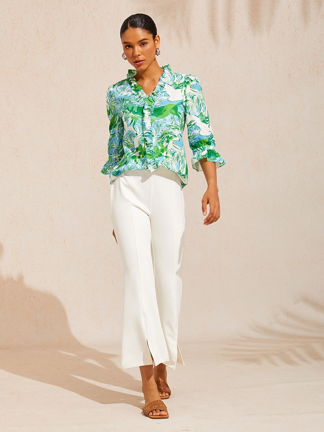 Graphic Art Mustang Ruffle V-Neck Linen Look Blouse