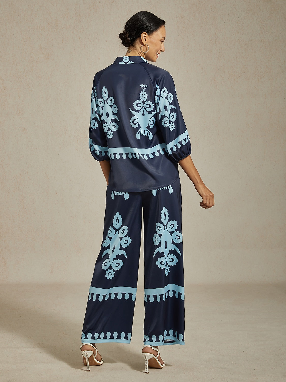 Ethnic Geometric Print Silky Satin Wide Leg Pants