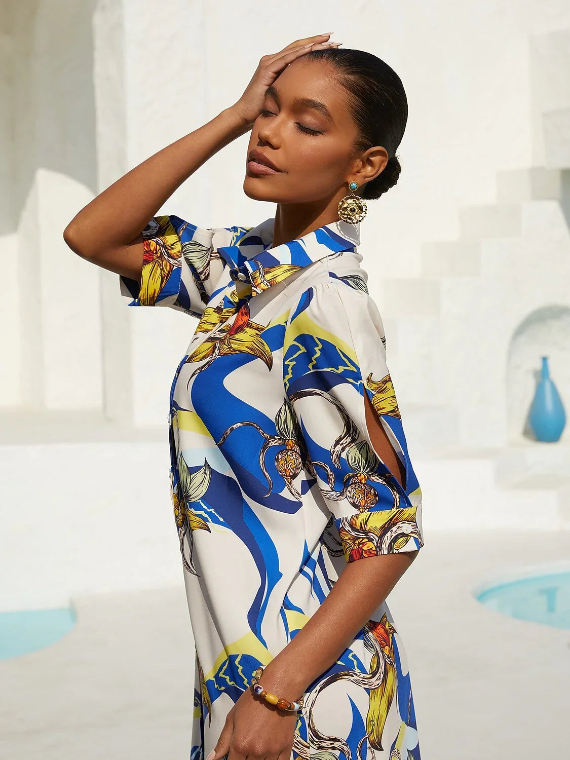 Ocean Blue Orchid Silky Satin Floral Shirt Dress