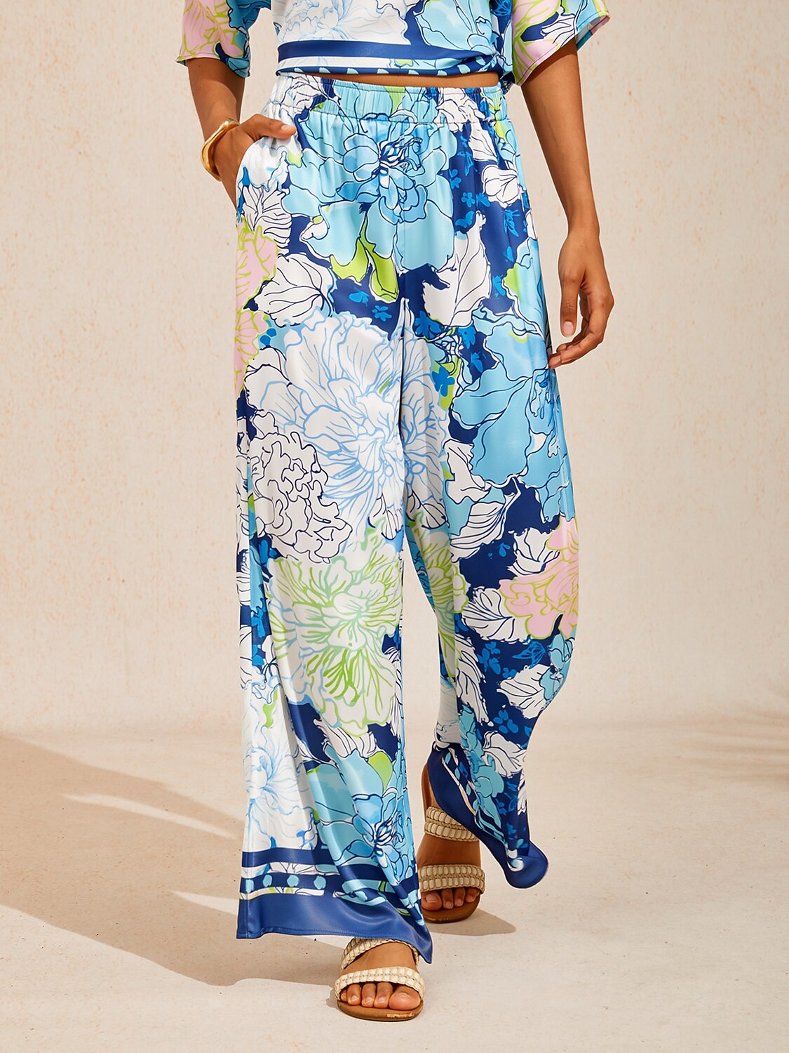 Azure Leaves Silky Satin Wide Leg Pants