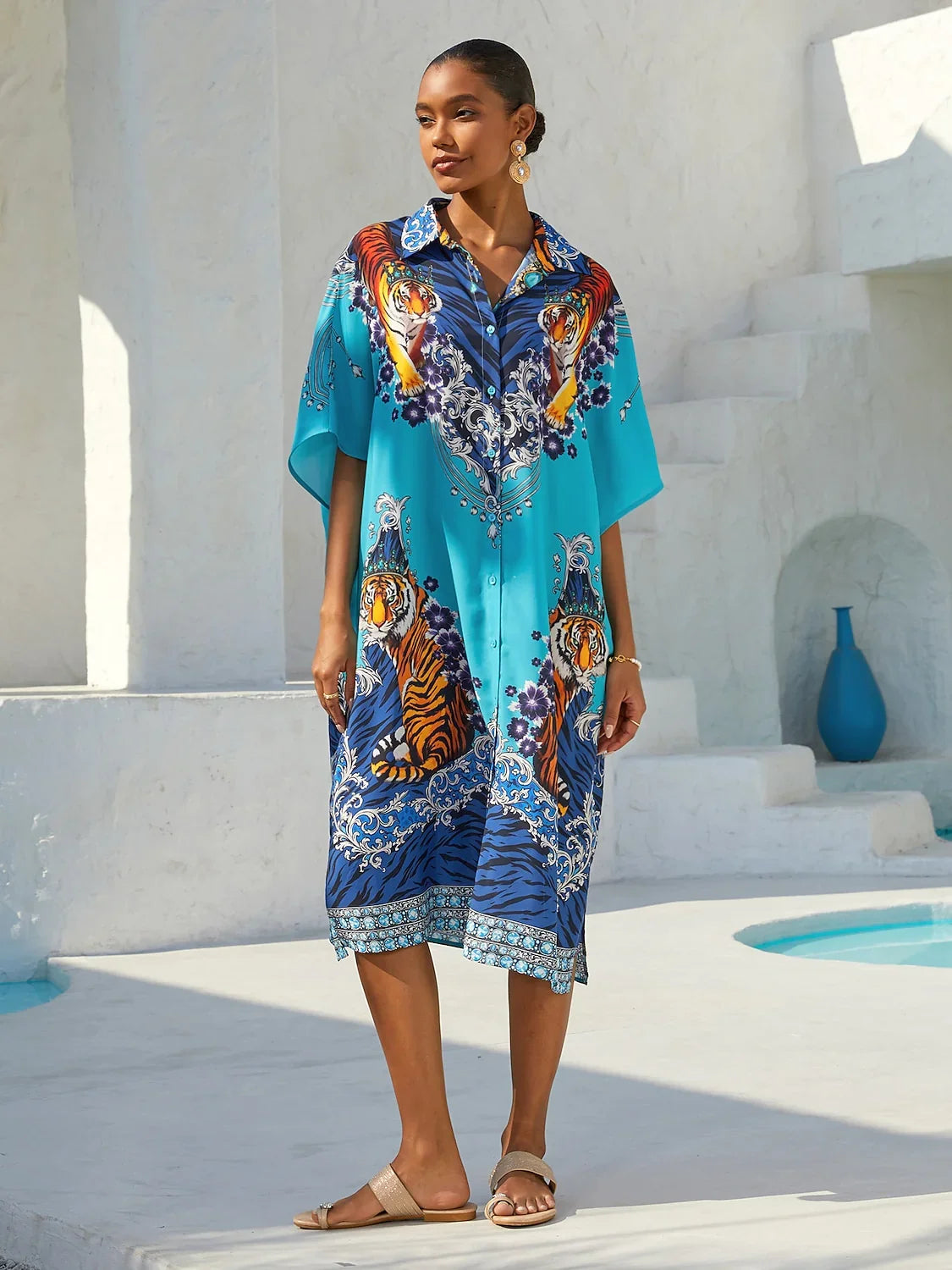 Dschungel Wilde Party Fließendes Chiffon Feder Hemdblusenkleid