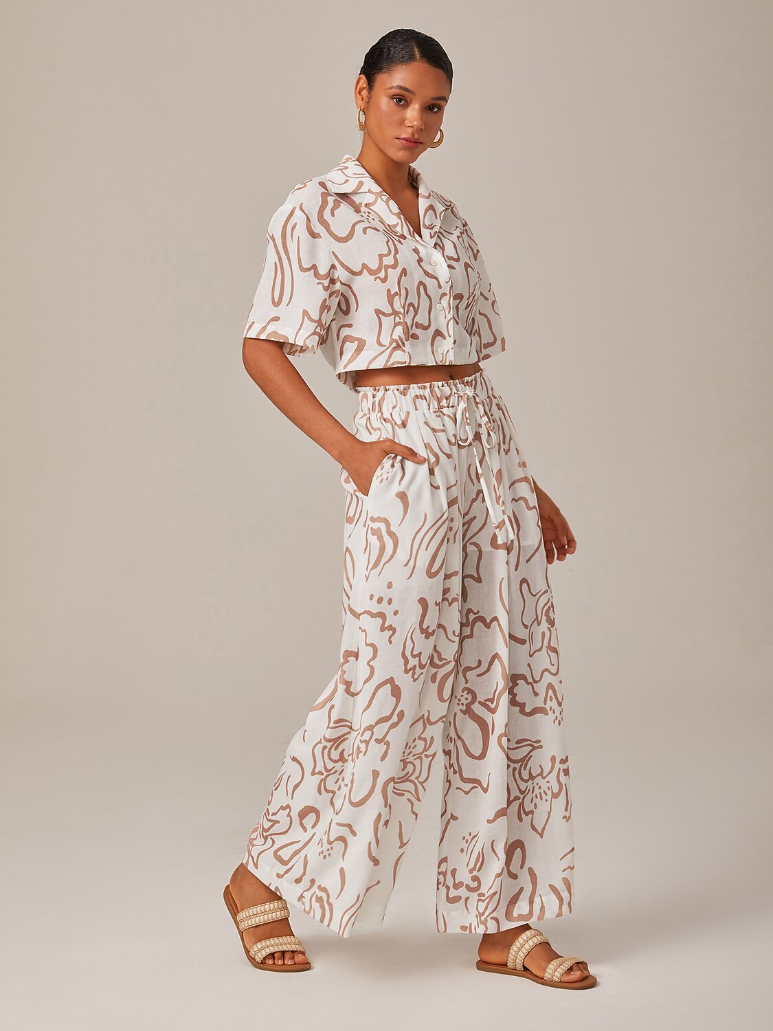 Artistic Print Elastic Linen-Like Wide-Leg Pants