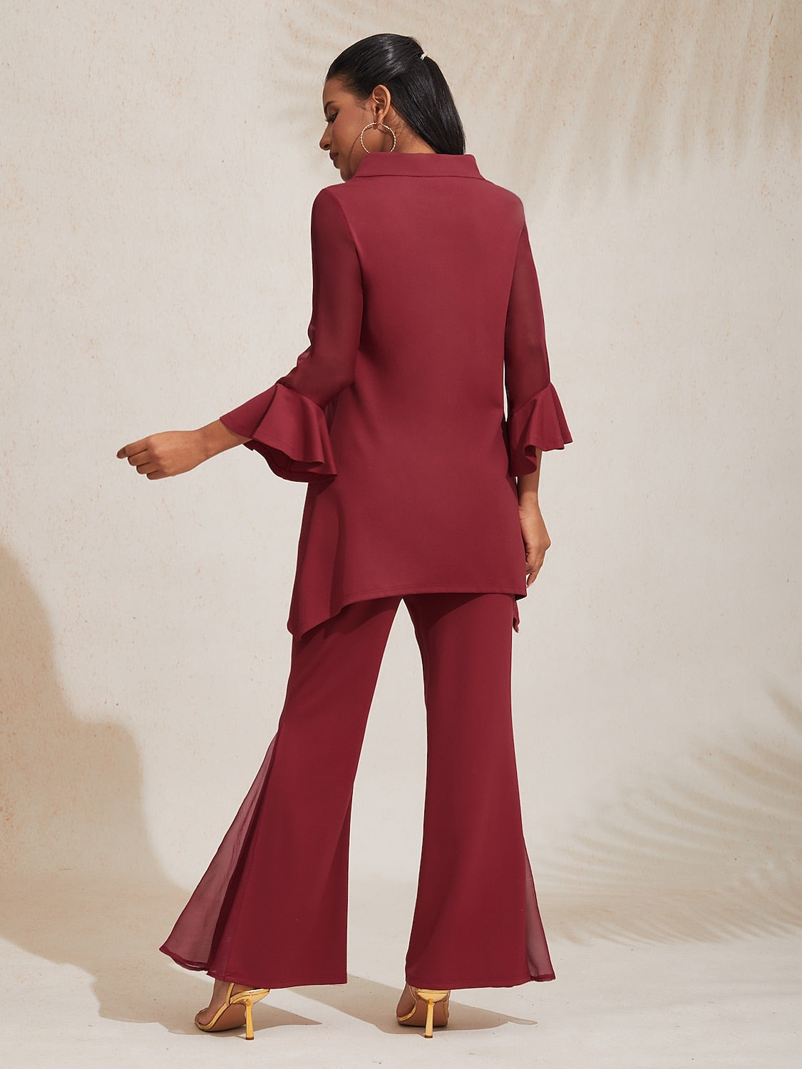 Elegant Chiffon Sheer Panels Flared Pants