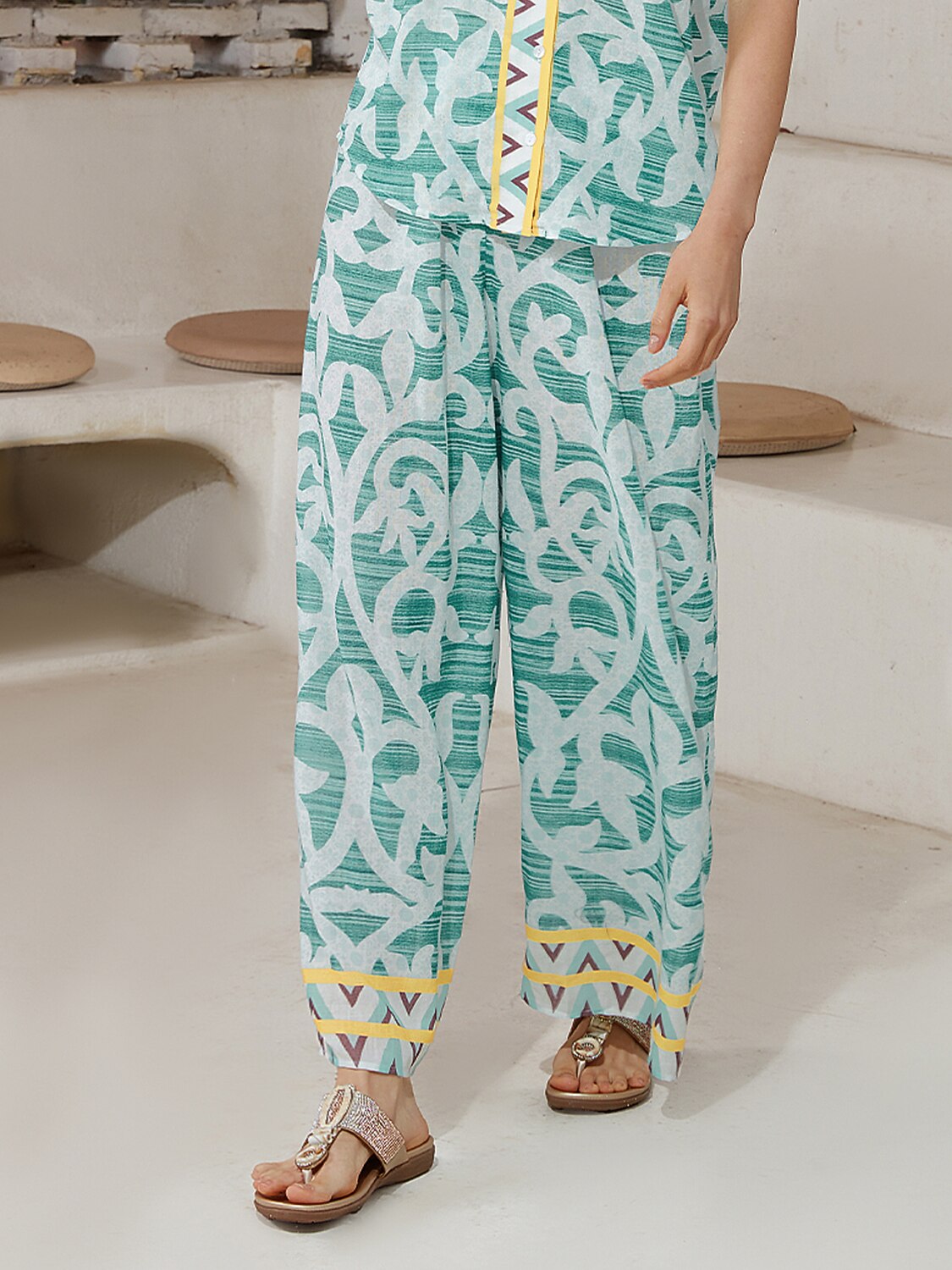 Casual Folk Print Linen Like Wide Leg Pants