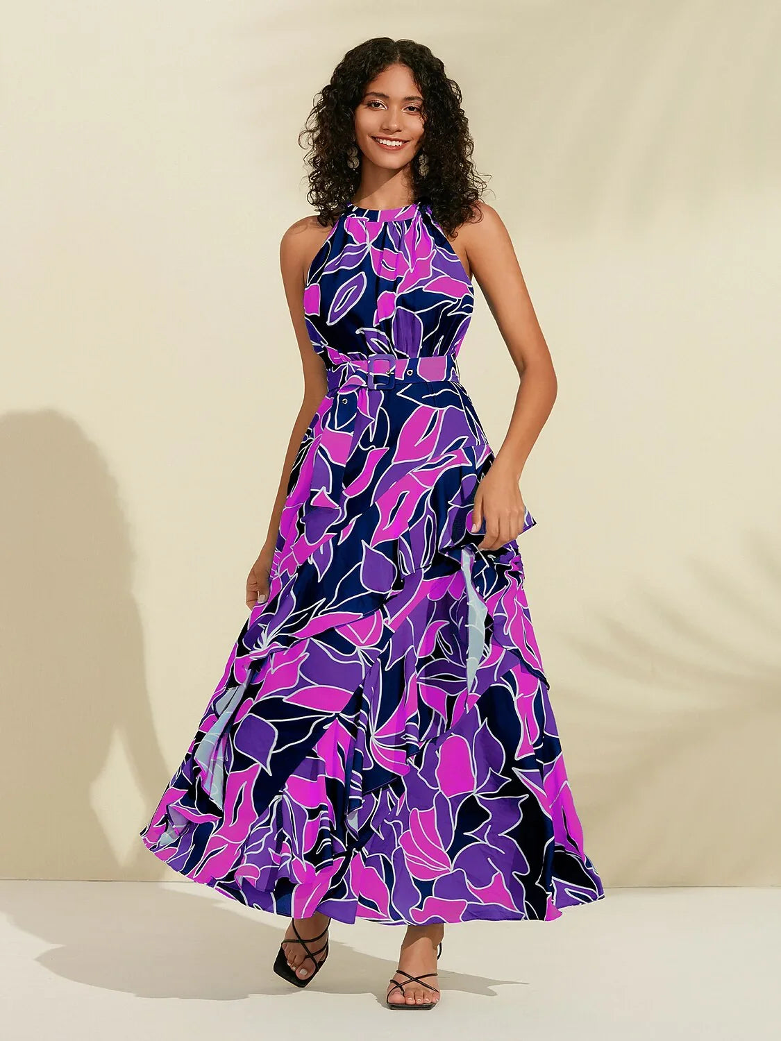 Chiffon Floral Print Halter Neck Ruffle Maxi Dress