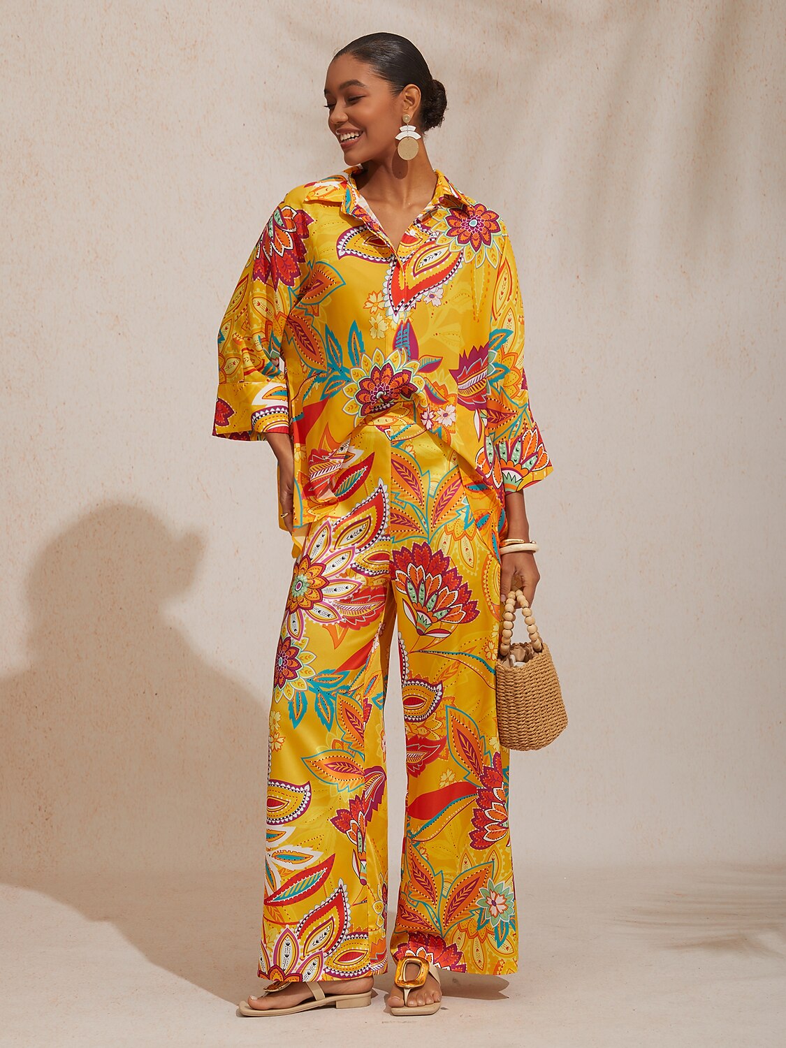 Boho Paisley Silky Wide-Leg Pants