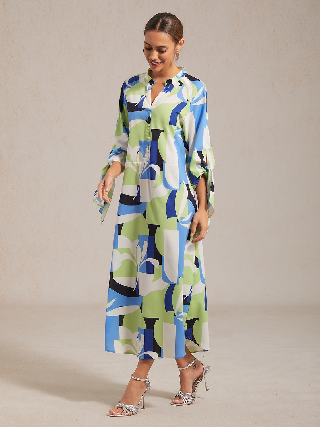 Geometric Floral Patchwork Print Green Maxi Dress