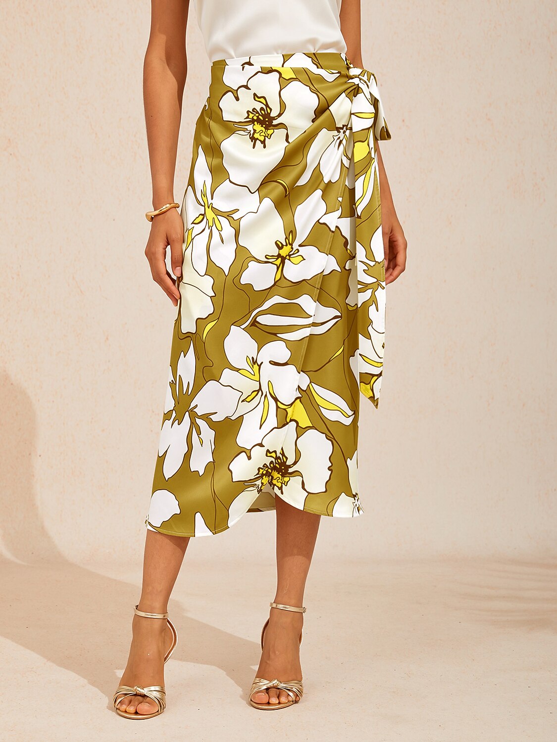 Golden Petal Glow Silky Satin Wrap Skirt